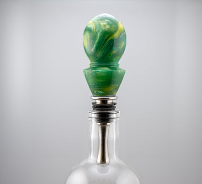 Handmade green and yellow art deco teardrop style bottle stopper with stainless steel plating