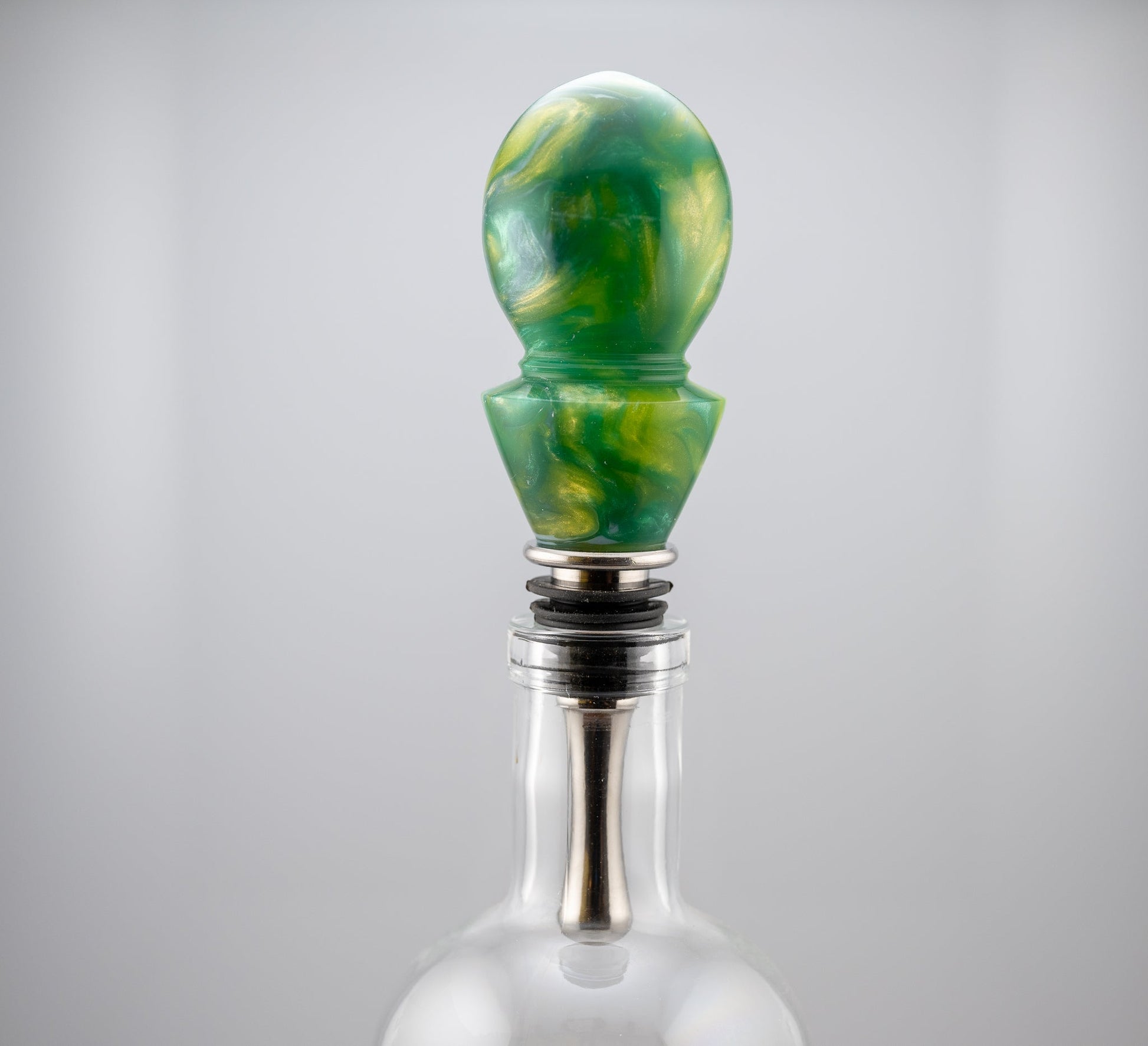 Handmade green and yellow art deco teardrop style bottle stopper with stainless steel plating