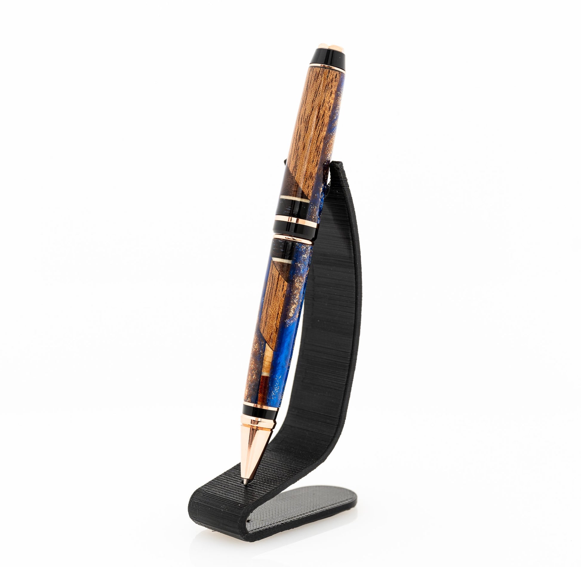 Handmade African Mahogany, Olivewood and Wenge wood twist pen with blue and bronze swirl resin with bright copper plating