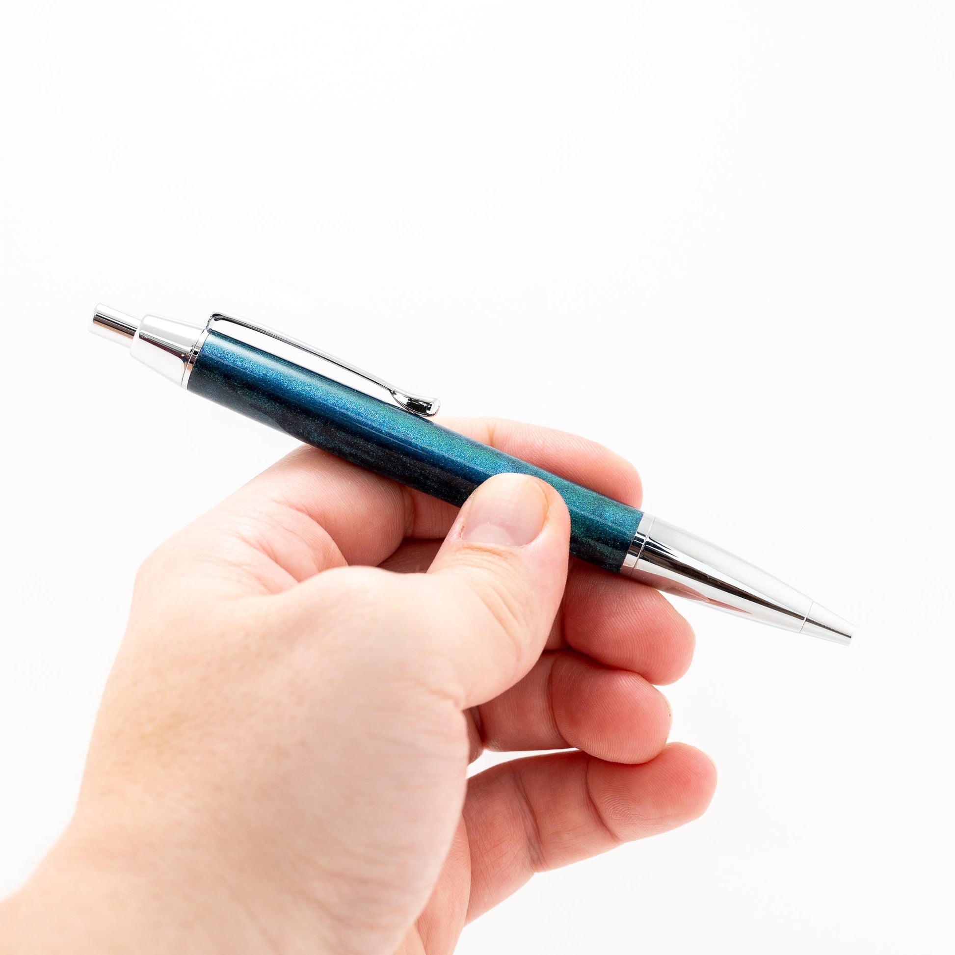 Handmade blue color shift to turquoise resin click pen in chrome plating