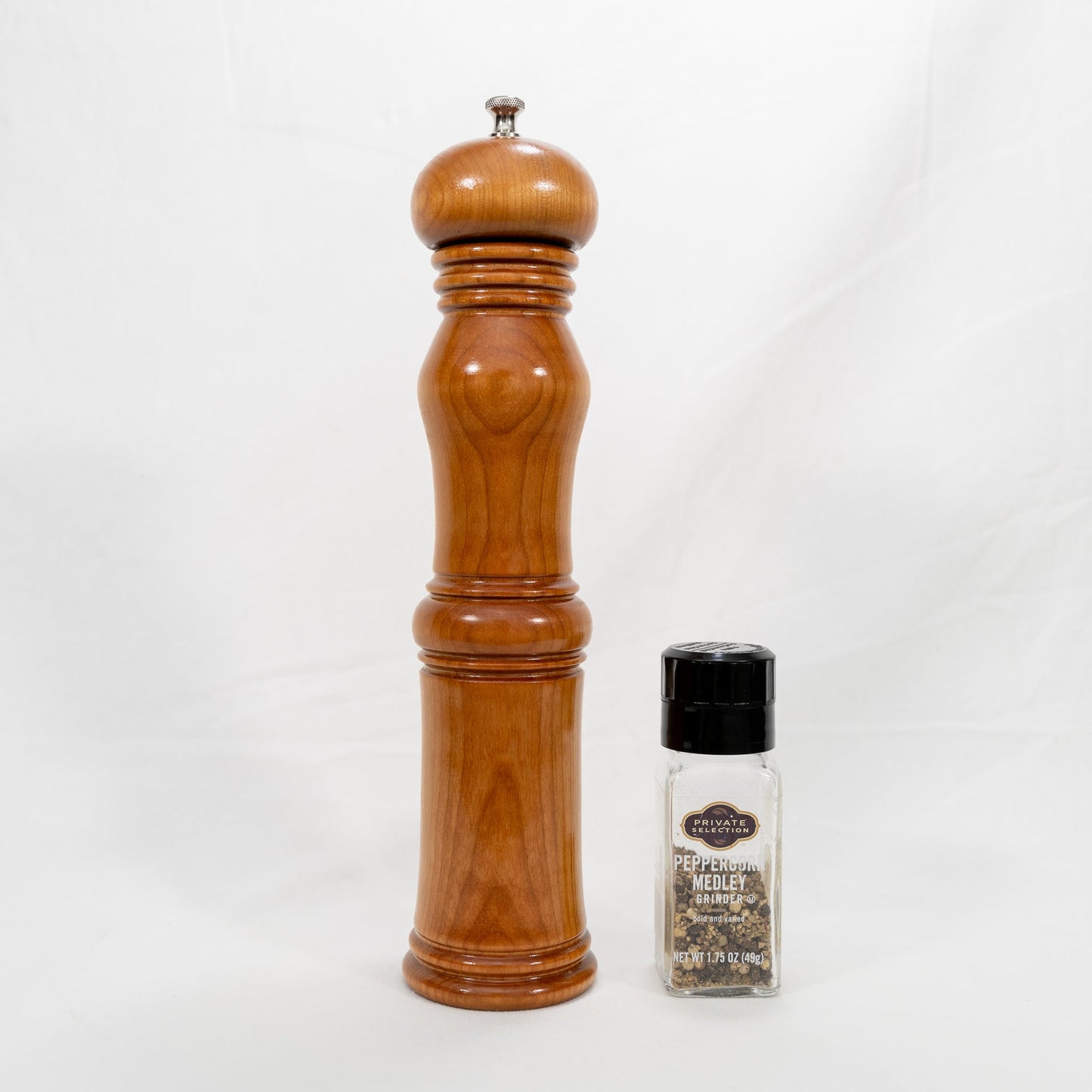 Handmade large Cherry wood adjustable pepper mill with stainless steel grinder with food grade safe finish