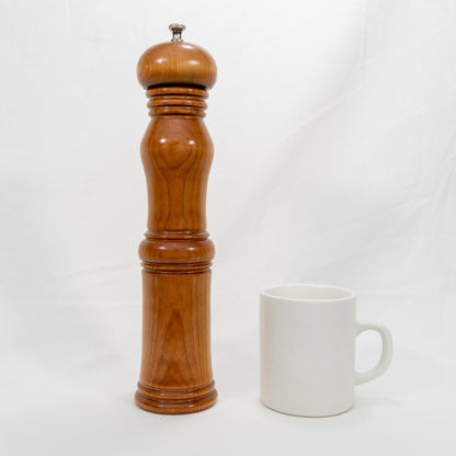 Handmade large Cherry wood adjustable pepper mill with stainless steel grinder with food grade safe finish