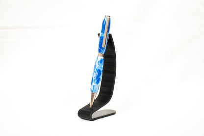 Handmade white and blue swirl resin ballpoint twist pen with satin chrome plating
