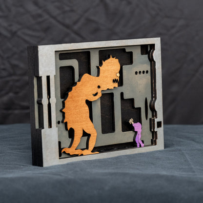 Handmade birch wood shadow box featuring Samus and Mother Brain from Super Metroid