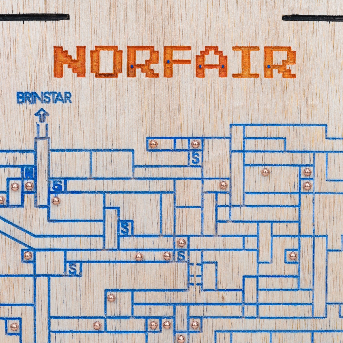 Handmade detailed solid Red Oak, Maple and Luan wood Norfair map from Metroid game with steel brass coated BB's 
