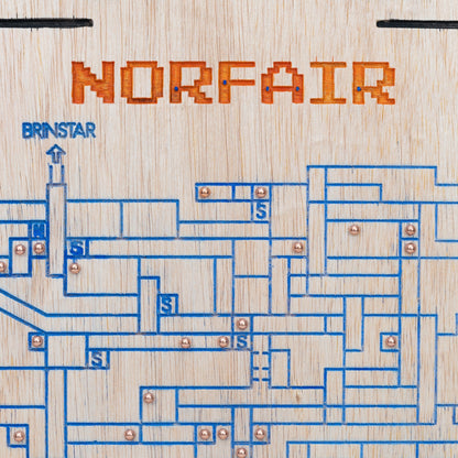 Handmade detailed solid Red Oak, Maple and Luan wood Norfair map from Metroid game with steel brass coated BB's 
