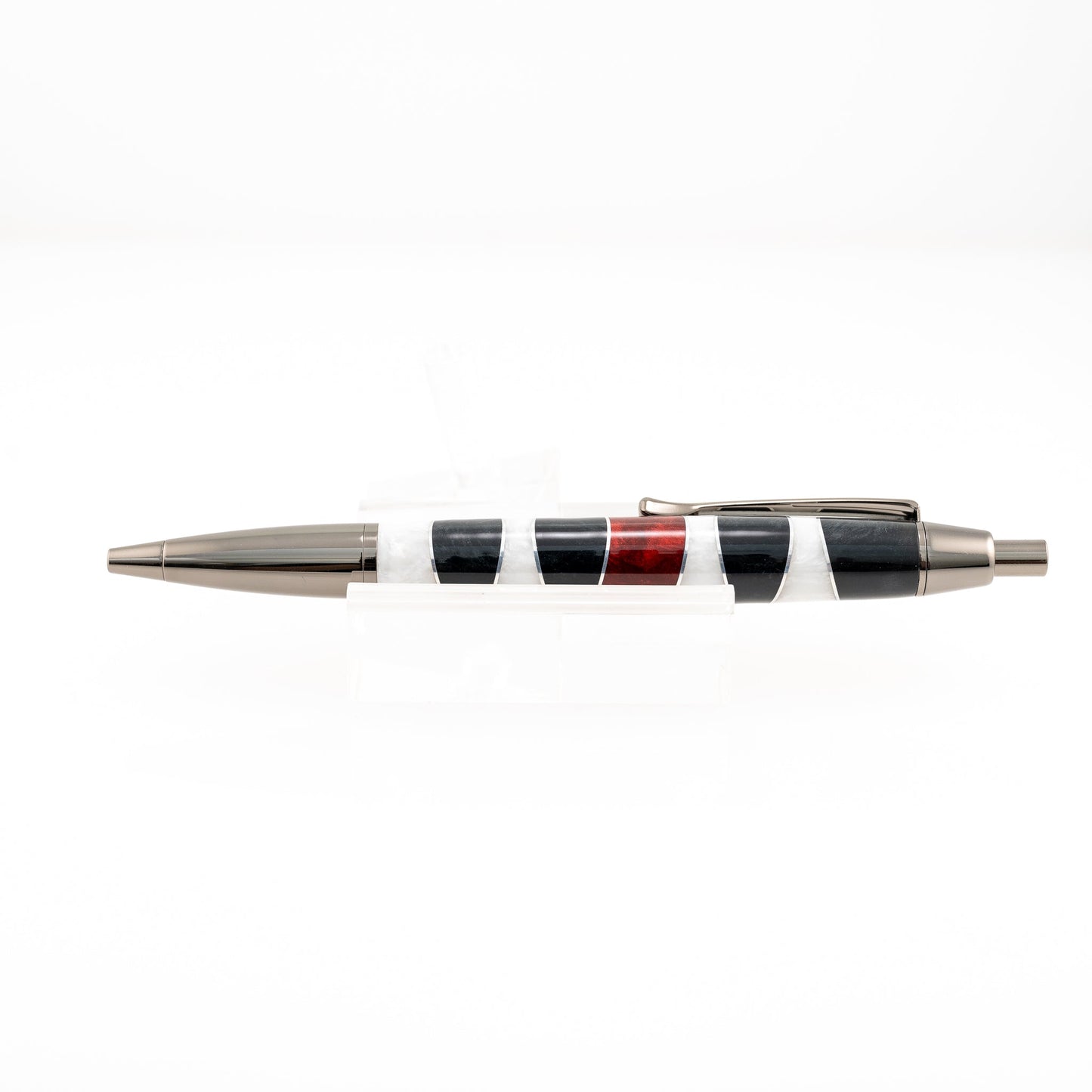 Handmade Black, White and Ruby Red segmented by aluminum resin click pen in gunmetal plating