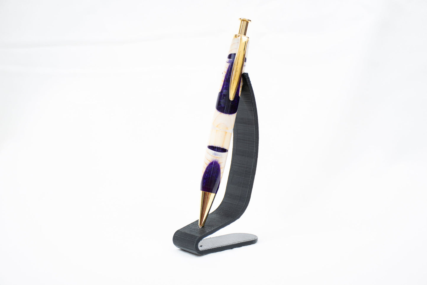 handmade pine wood and purple and white resin click pen with gold plating