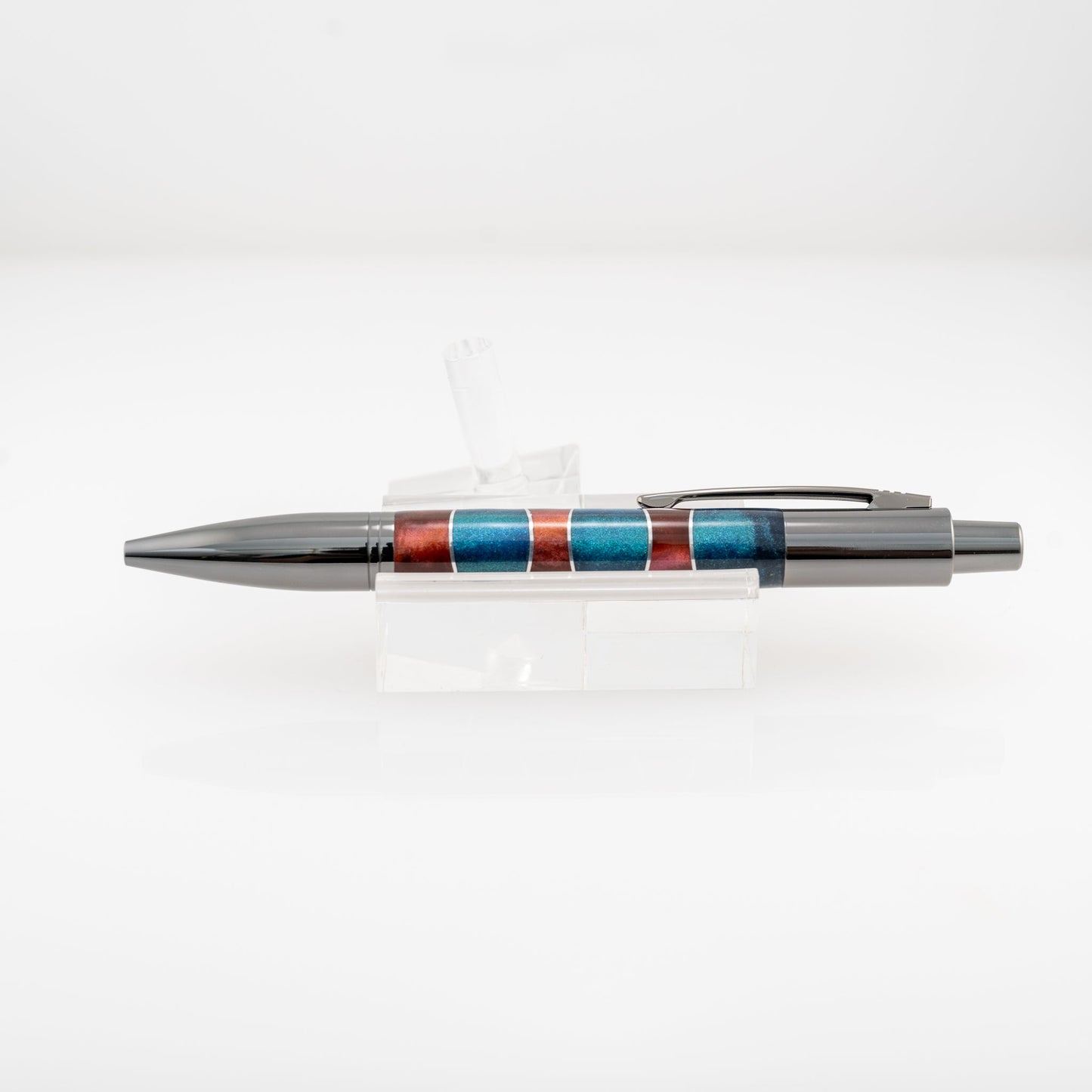 handmade red and blue resin with aluminum click ballpoint pen with gun metal plating