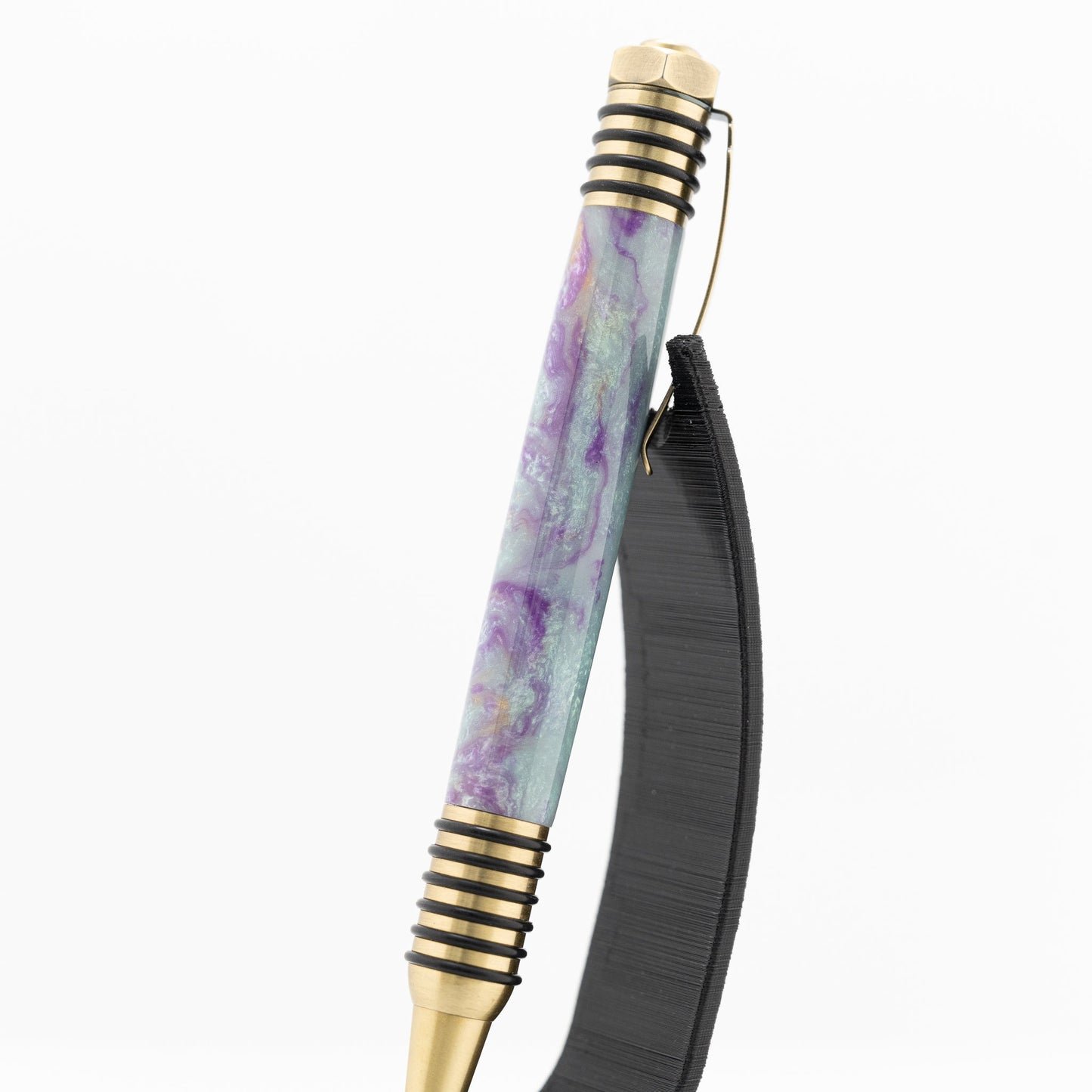 handmade pastel green and purple resin ballpoint click pen with brass plating
