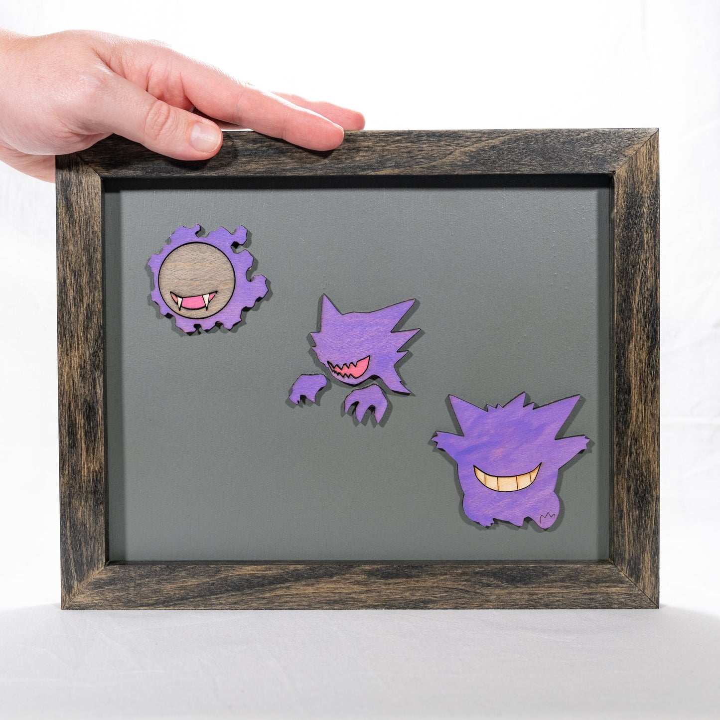 handmade wood framed art of ghastly, haunter and gengar