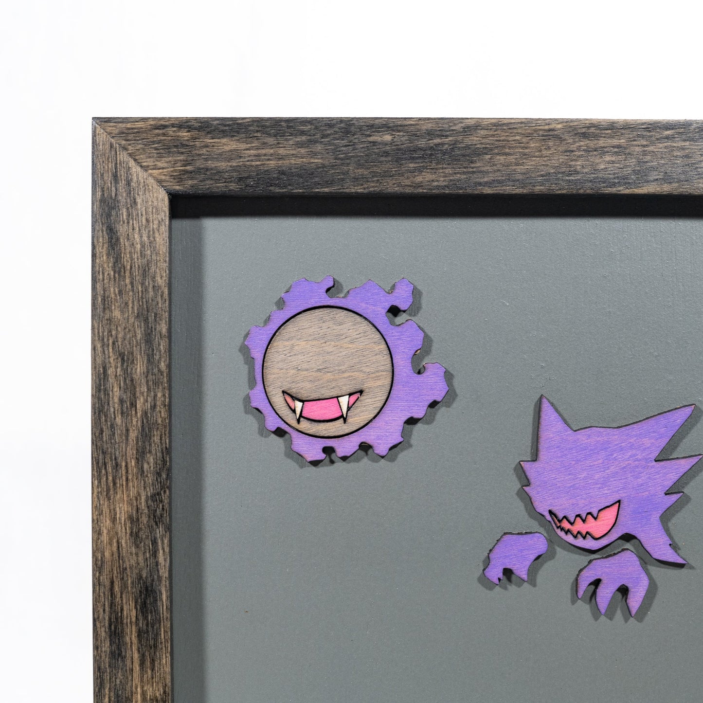 handmade wood framed art of ghastly, haunter and gengar