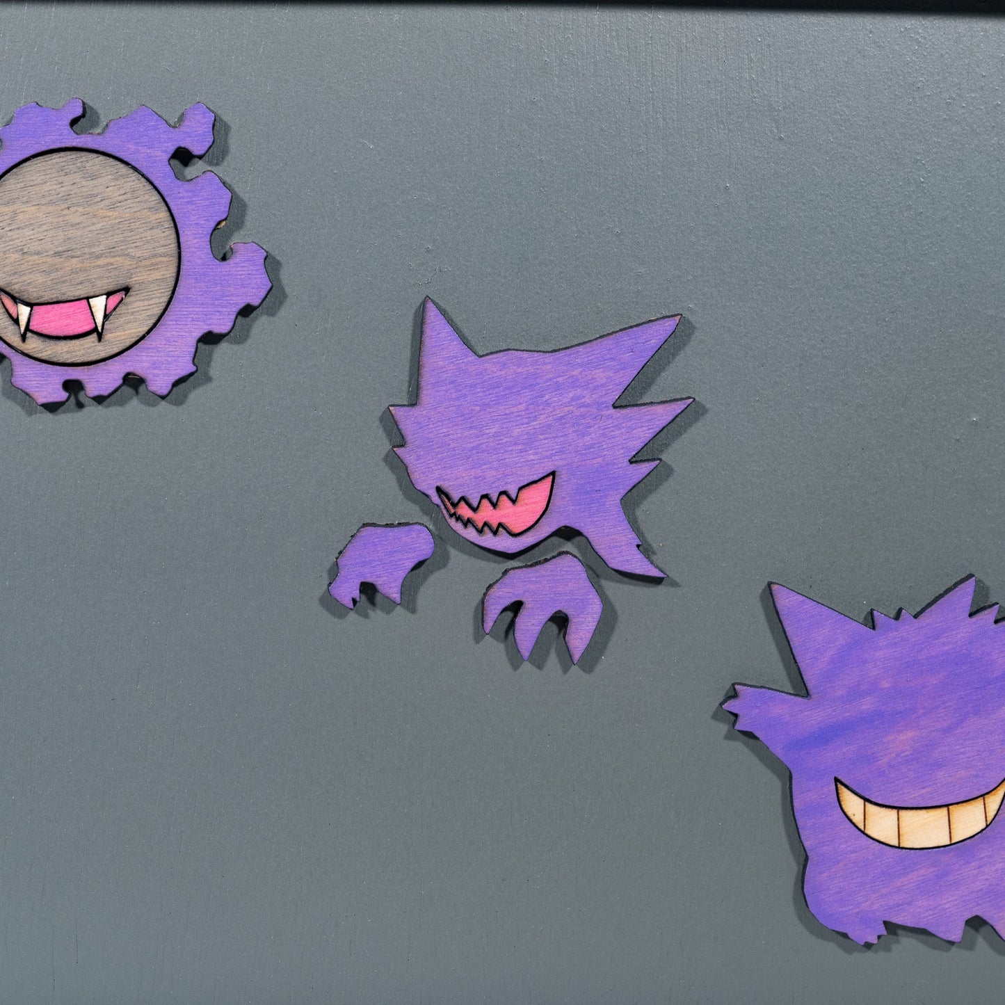 handmade wood framed art of ghastly, haunter and gengar