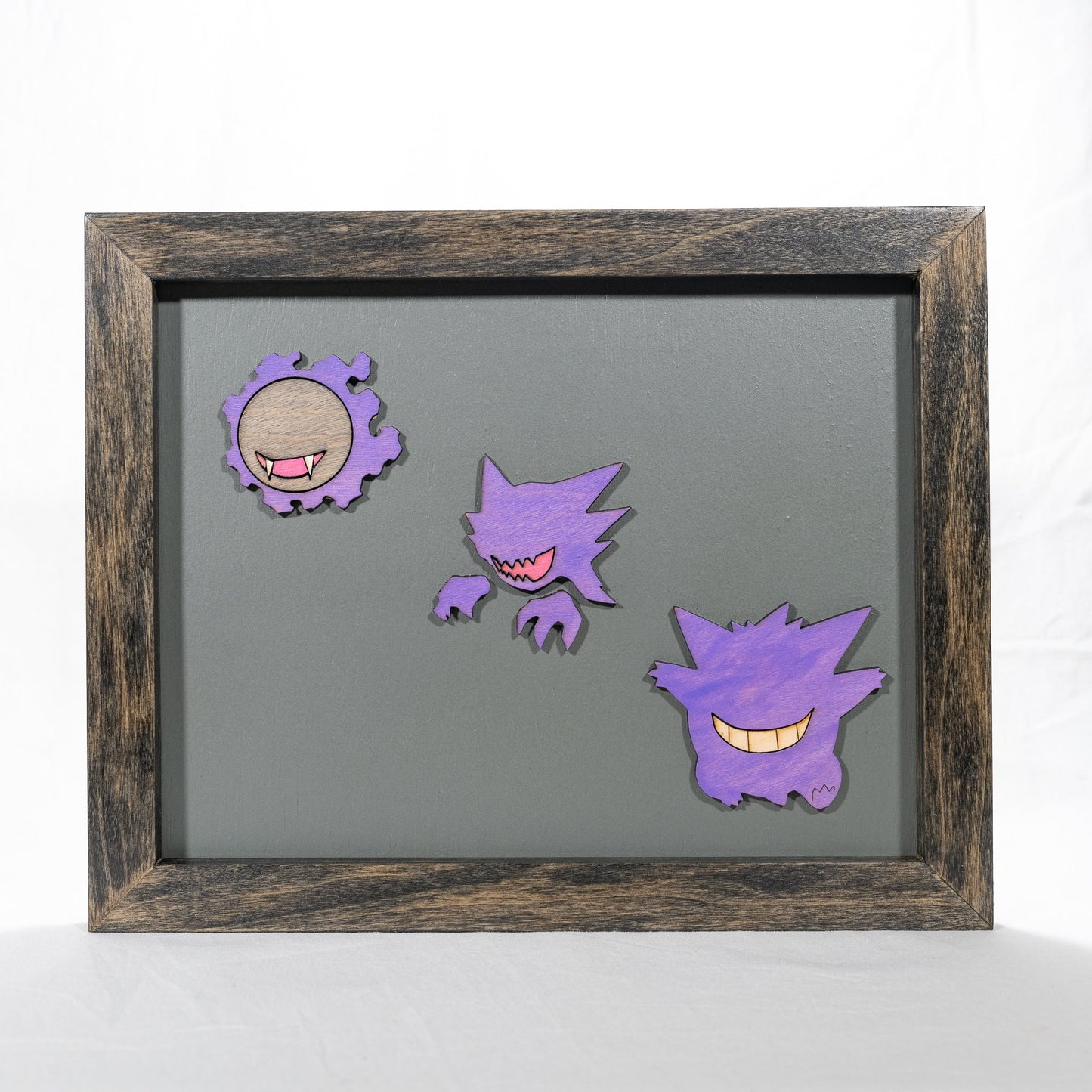 handmade wood framed art of ghastly, haunter and gengar
